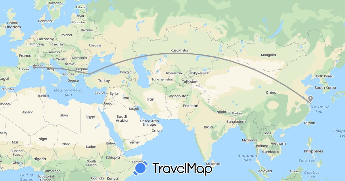 TravelMap itinerary: driving, plane in China, France, Turkey (Asia, Europe)